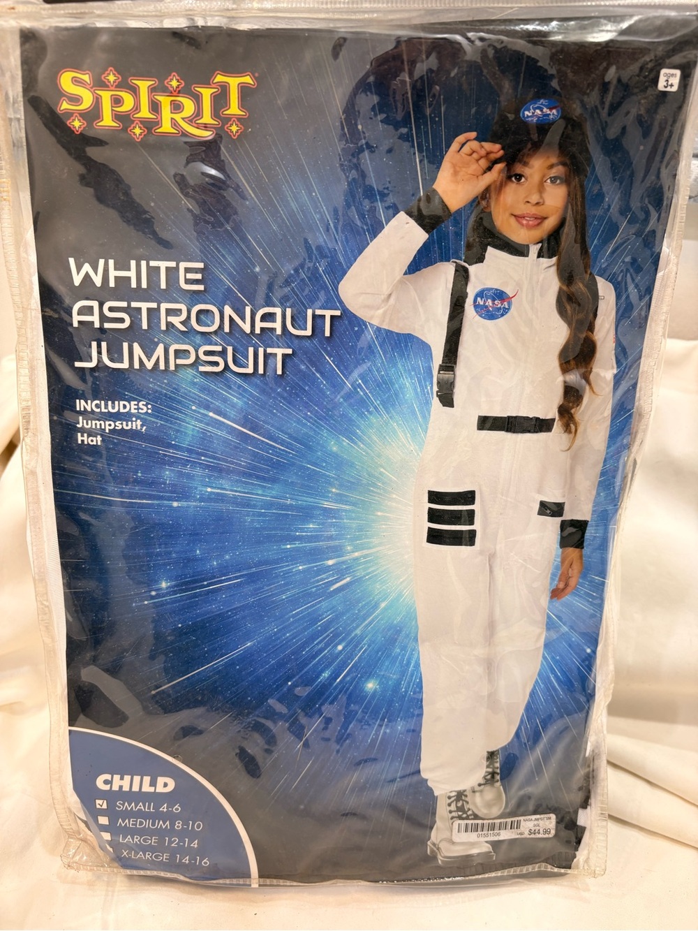 New Spirit Halloween Kids White Astronaut Jumpsuit Costume Size Small 4-6